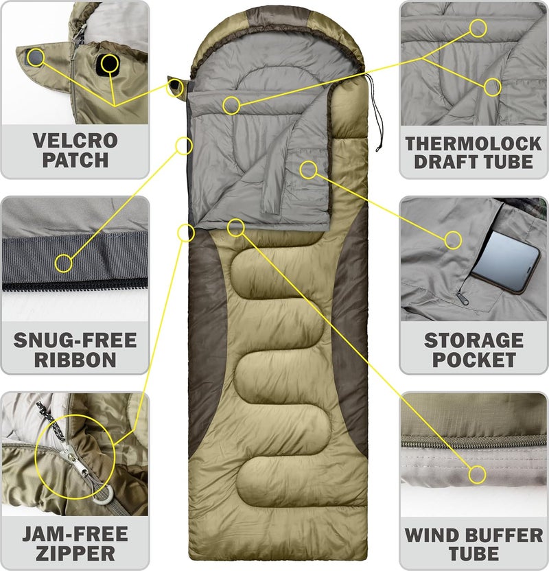 rioyalo 0 Degree Winter Sleeping Bags for Adults Camping (450GSM) - Temp Range (5F–32F) Portable Waterproof Compression Sack- Camping Sleeping Bags for Big and Tall in Env Hoodie: Backpacking Hiking 4 Season - Image 4